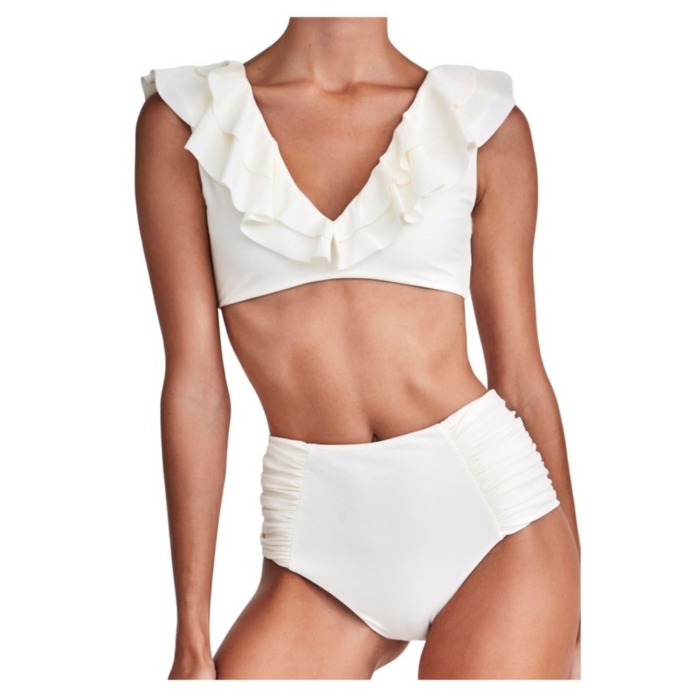 Devon Windsor Zoe High Waisted Bikini Bottom Off White Ruched Swim Medium NEW
